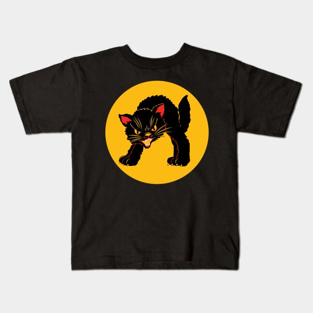 Vintage Retro Fraidy Black Cat Kids T-Shirt by SandiTyche